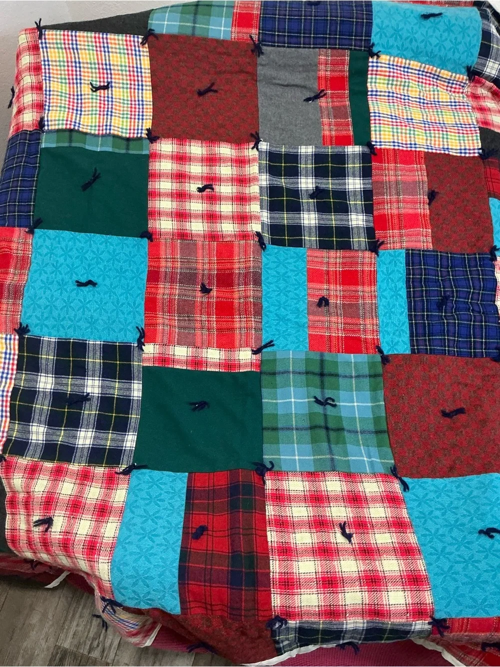 Vintage handmade patchwork quilt yarn tied plaid blanket with skirt 82x70